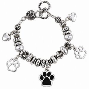 Silver Beaded Charm Bracelet Black Paw Print Hearts Dog Cat Pet Lover Gift